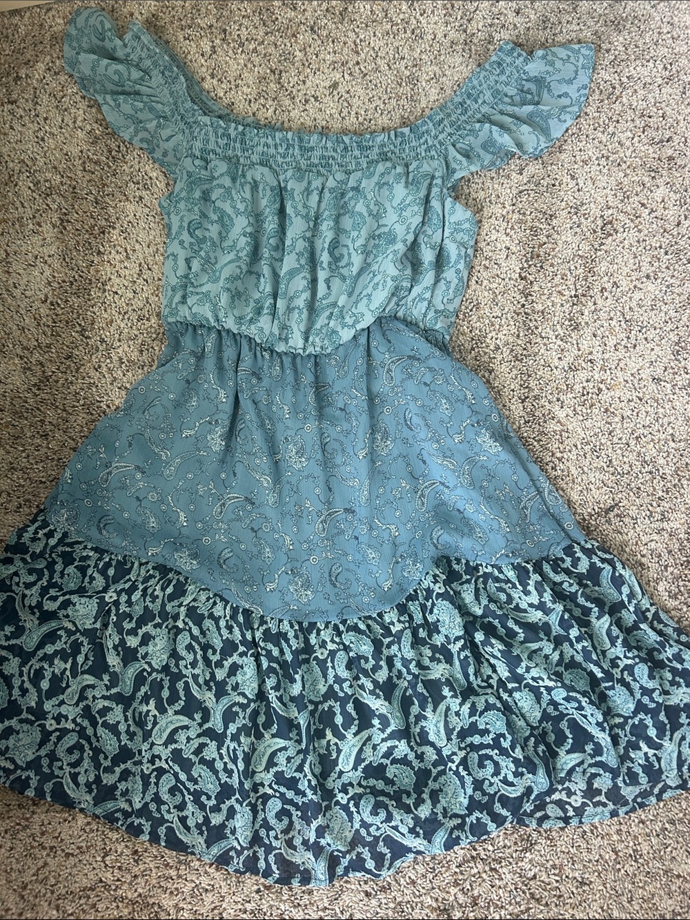 Rewind Blue Paisley Tiered Off-Shoulder Dress